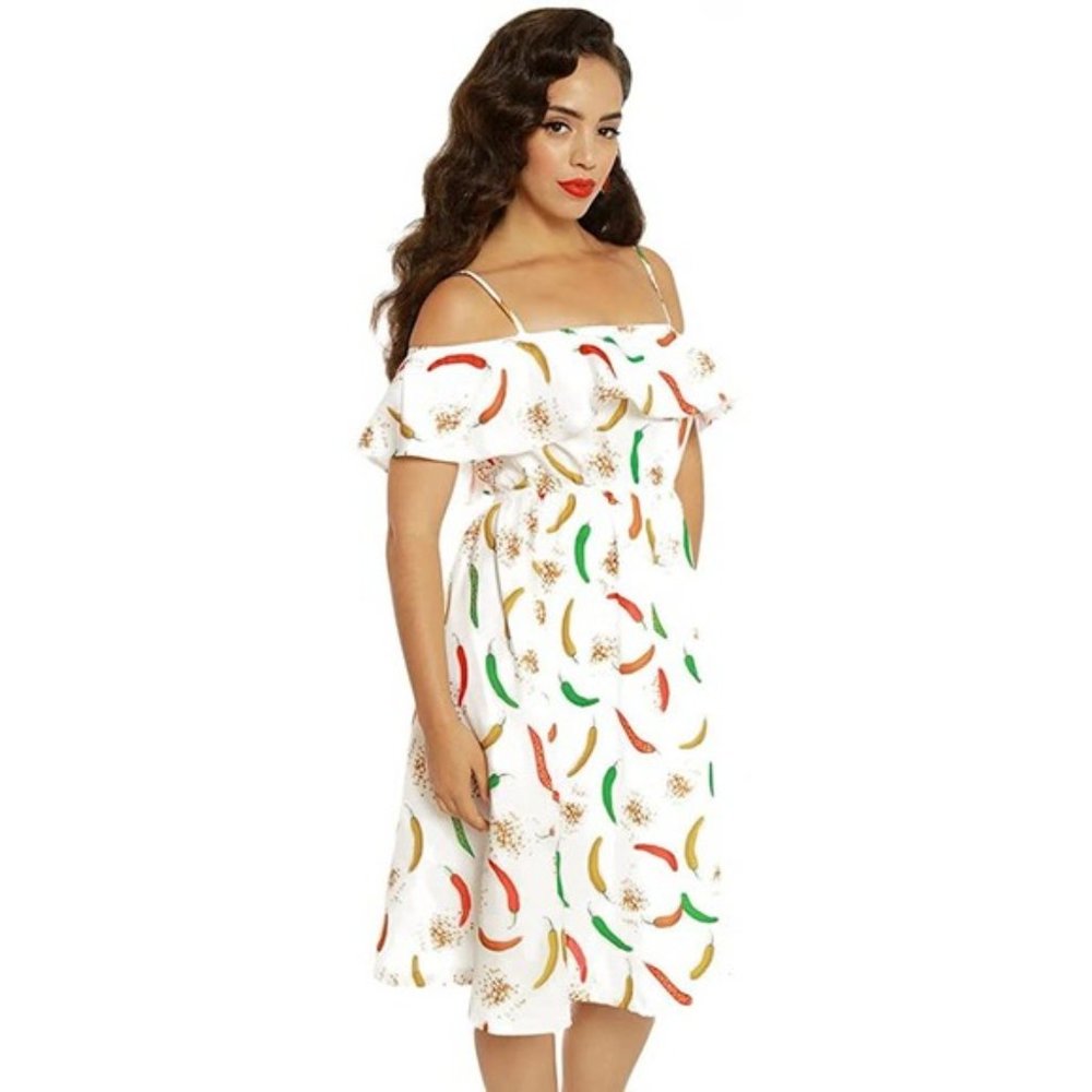 Lindy Bop White Chili Pepper Antonia Swing Dress Womens 20 Off The Shoulder - Picture 2 of 11